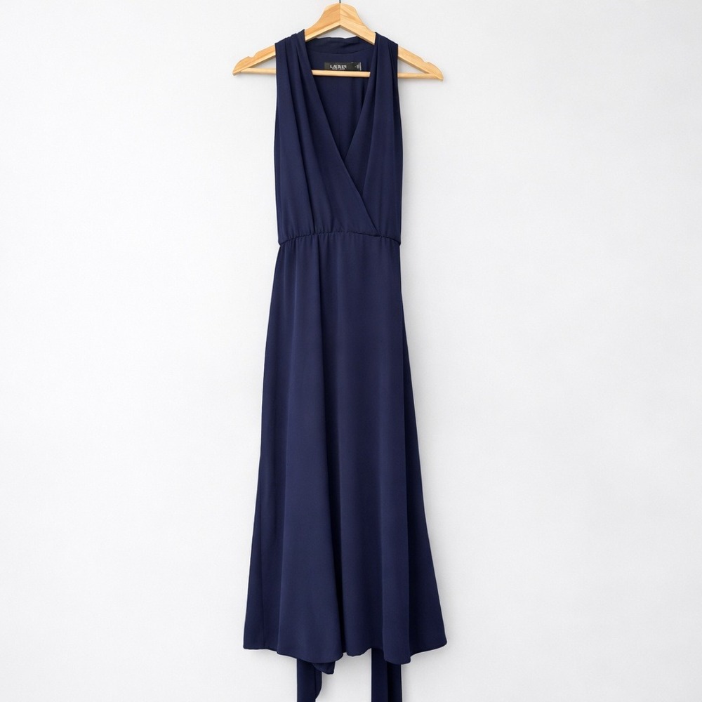 Lauren Ralph Lauren Navy Draped V Neck Sash Belt Dress Sleeveless Midi Size 6